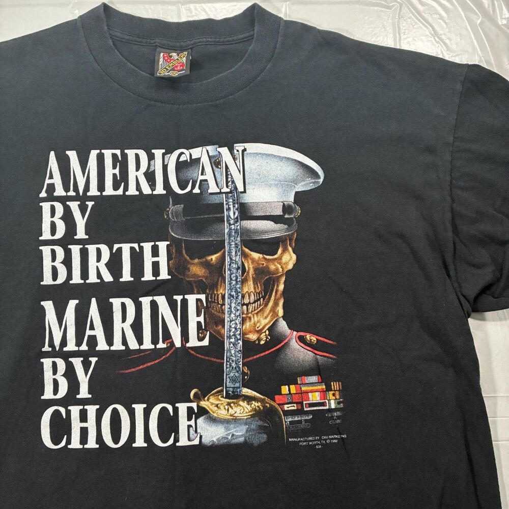 Vtg Mens 3D Emblem American By Birth Marine by Choice Black XXL T Shirt 1992